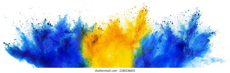 Colorful Blue Yellow Blue Swedish Scandinavian  Flag  Color Holi Paint Powder Explosion On Isolated Background. Sweden Colors Celebration Soccer Fans Travel Tourism Concept