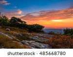Colorful blueberry bushes are surrounded with rocky granite outcroppings at High Point State Park, New Jersey sunset