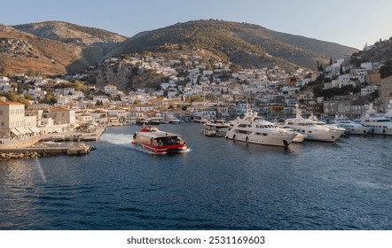 A colorful boat navigates the serene waters of Hydra's harbor, showcasing the town's charming architecture and the surrounding hills. The scene captures the essence of this beautiful Greek island. - Powered by Shutterstock