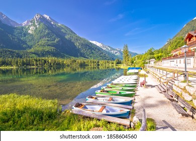 Colorful boats on Hintersee lake in Berchtesgaden Alpine landscape view, Bavaria region of Germany