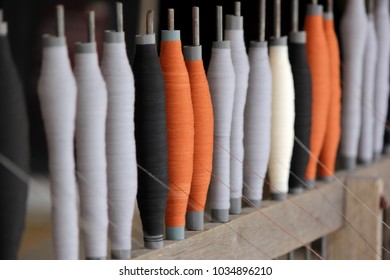 Colorful Bobbins Thread On Weaving Process, Traditional Weaving Of Thai Silk