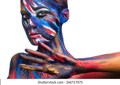 Colorful body painting on the body of the girl. Suitable for advertising paints.