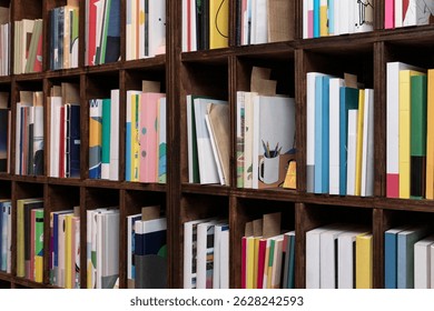 Colorida colección de libros exhibida en estantes de madera en una Biblioteca o librería moderna