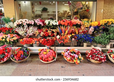 Colorful Bouquets In Front Of Flower Shop