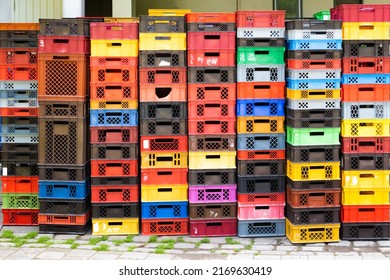 Colorful Boxes Stacked For Filling And Selling Baked Goods, Fruits And Vegetables