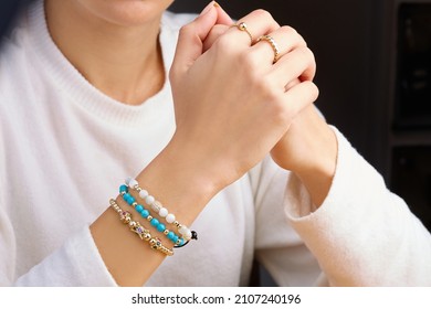 Colorful Bracelet Made With Design Gold On Young Lady