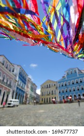 Colorful Brazilian wish ribbons waving in the sky above colonial architecture of Pelourinho Salvador Bahia Brazil