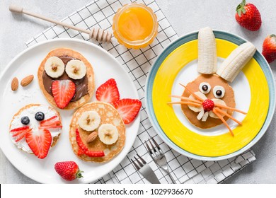 Colorful breakfast meal for kids. Funny Easter food art, top view. Concept of healthy eating, baby food, healthy breakfast food