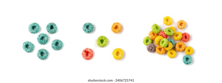 Colorful Breakfast Rings Pile Isolated. Fruit, Fruity Cereal Rings, Colorful Corn Cereals on White Background - Powered by Shutterstock