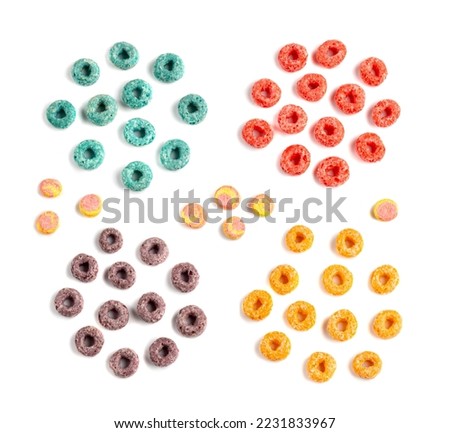 Colorful Breakfast Rings Set Isolated, Fruity Cereal Rings, Colorful Corn Cereals Collection on White Background Top View