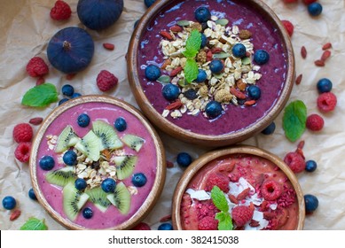 Colorful Breakfast Smoothie Bowls With Toppings