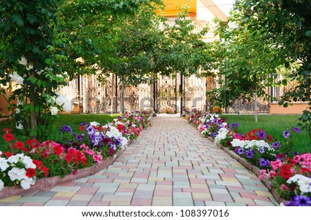Colorful brick footpath with flowers at the backyard