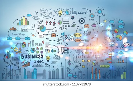 Colorful And Bright Business Idea Icons And Mind Map Over Night City Background. Toned Image Double Exposure