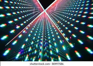 colorful bright illumination in nightclub, rows of bright lights