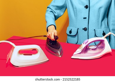 Colorful bright image of female ironing pink tablecloth with retro iron isolated over yellow background. Modern devices and retro things. Concept of vintage pop art, mix of times. Copy space for ad