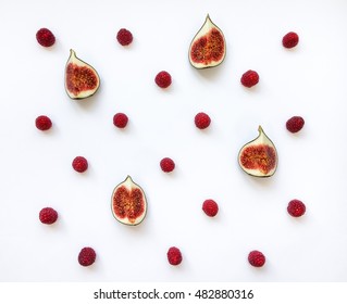 Colorful Bright Pattern Of Fig Fruits And Raspberries. Autumn Concept, Orange And Red. Flat Lay, Top View, View From Above