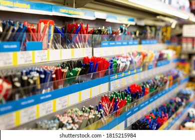 Colorful Bright Quality Pen Shelves In Office Supply Store