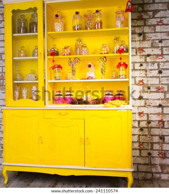 Colorful Bright Yellow Welsh Dresser Shelves Stock Photo Edit Now