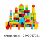 Colorful Building Blocks City depicts a vibrant structure made from variously shaped and colored toy blocks, resembling a miniature skyline or cityscape.