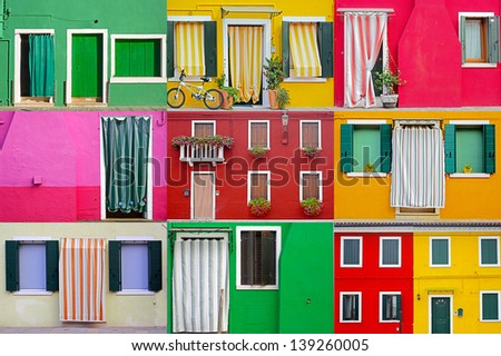 Colorful buildings in Burano island sunny street , set