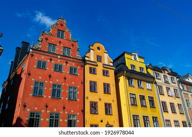 Colorful Buildings In Gamla Stan, Stockholm. Famous Tourist Attraction In The Heart Of Sweden Can Be Seen In Magazines, Tour Guides And Brochures