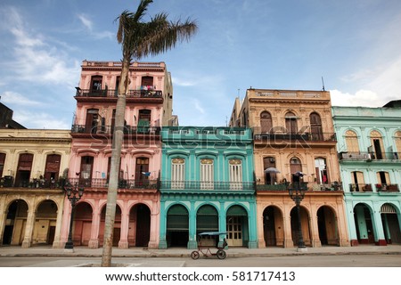 Colorful buildings and historic colonial archtiecture on Paseo del Prado, downtown Havana, Cuba.
