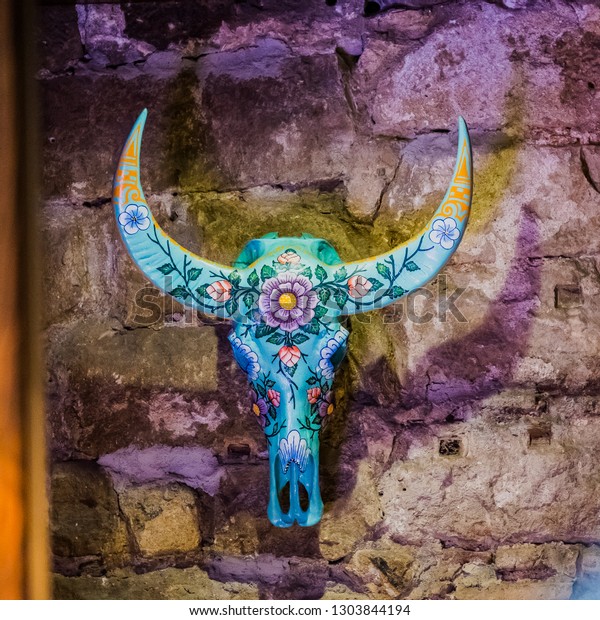 Colorful Bull Skull Bohemian Interior Decoration Stock Photo Edit