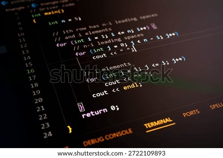 Colorful C++ programming code displayed in a dark-themed terminal interface, showing nested loop logic to print a pyramid pattern, ideal for software or coding education visuals.
