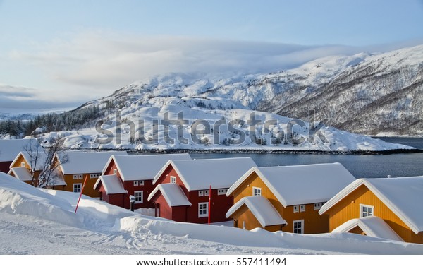 Colorful Cabins Covered Snow Fjord White Royalty Free Stock Image