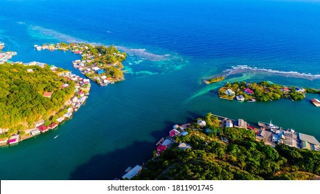 Colorful cabins located at Port Royal, eastern side of Roatan, Bay Islands of Honduras. 
