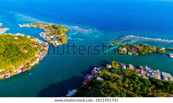 Colorful cabins located at Port Royal,\
eastern side of Roatan, Bay Islands of Honduras.\
