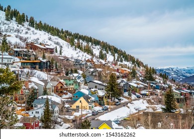 Colorful Cabins On A Mountain With Snow During Winter Season In Park City Utah