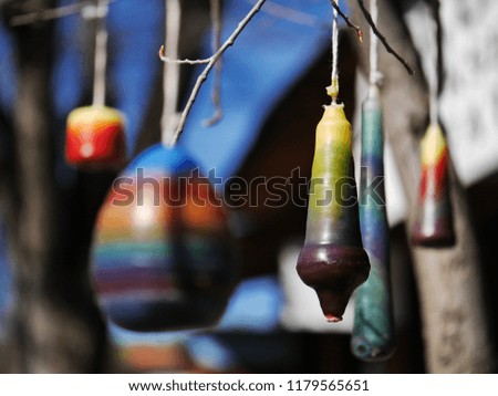 Colorful candles hanging in the interesting Columbia State Historic Park at Columbia, California