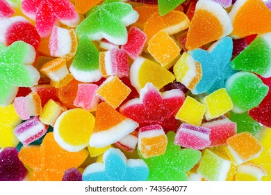 Colorful Candy And Jelly Sweet Gummy With Sugar. Square Shape Jelly. Star Shape Jelly. Hat Shape Jelly.