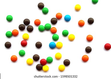 Colorful Candy On White Background, Chocolate Drops 