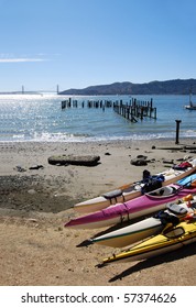 Colorful Canoes On A Beach In Angel Island