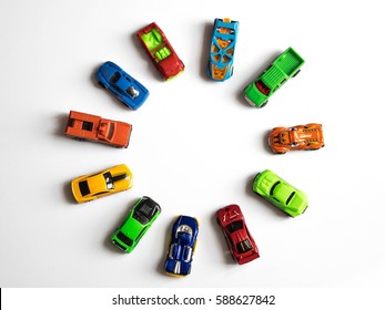 Colorful Car Toys. Flat Lay.