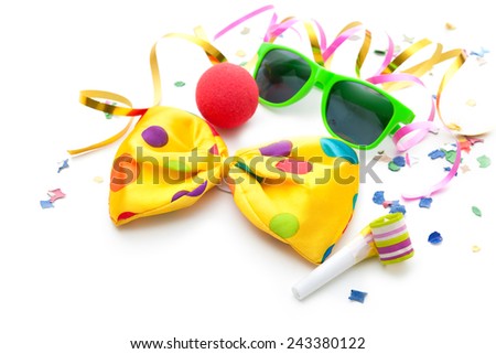 Colorful carnival background with bow tie, sunglasses and streamers