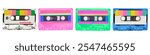 Colorful cassette tapes in pink, green, blue, and clear. Retro cassette tapes with vibrant colors. Vintage cassette tapes for music lovers. Music elements isolated on white background.