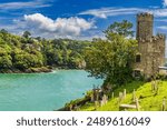 Colorful Castle Dartmouth Kingswear Devon England.  Castle originally built 1300s to protect harbor and River Dart. In 1400s castle expanded and iron chain to Kingswear to protect harbor.