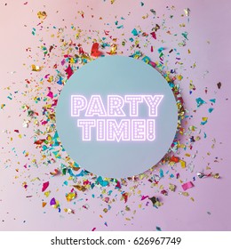 Colorful Celebration Background With Party Confetti On Pink Background. Flat Lay.