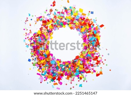 Colorful celebration background with party confetti on white background. Flat floor.