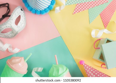 Colorful celebration party background with copy space, Top view - Shutterstock ID 1105380092