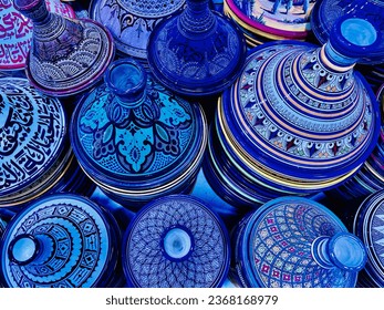 Colorful ceramic plates. Moroccan pottery and ceramics in Souk El Had Agadir.