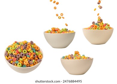 Colorful cereal box for morning breakfast. Corn flakes falling to the white bowl. Motion. Copyspace. - Powered by Shutterstock