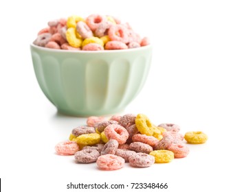 Colorful cereal rings in bowl isolated on white background.