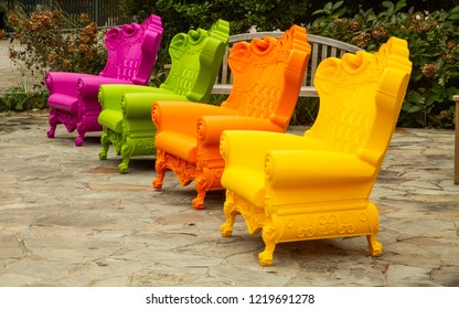 Colorful chairs at the North Carolina Arboretum near Asheville, North Carolina