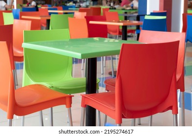 Colorful Chairs And Tables In The Cafe.No People, Empty Interior