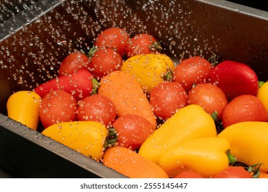 Colorful cherry tomatoes and mini bell peppers are being rinsed under running water in a sink, preparing for cooking or serving. - Powered by Shutterstock