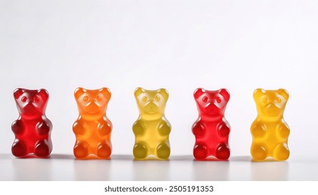 colorful, chewy, edible gummy bears. Gelatin form factor vitamins, chewable supplements, edible health candy. Fruit flavors set of delicious snacks isolated on white background with copy space - Powered by Shutterstock